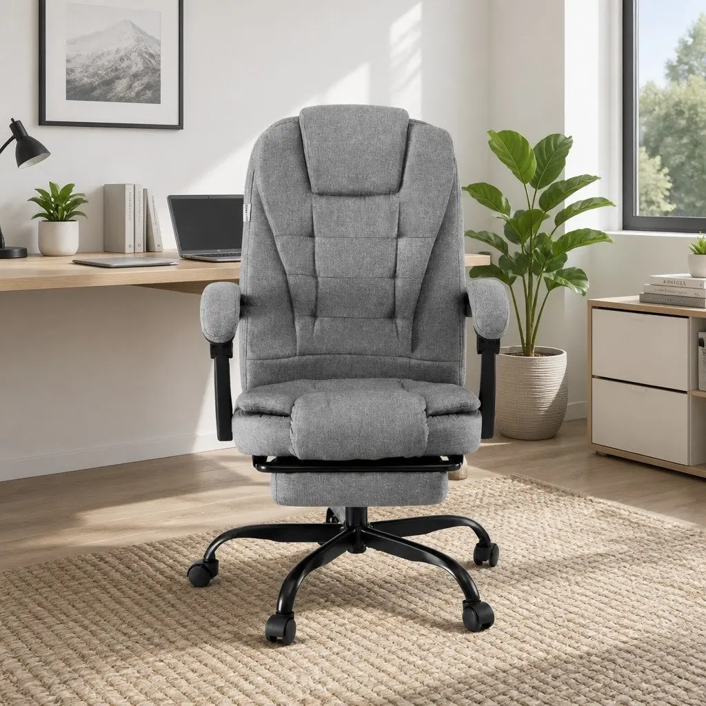 Executive Office Chair Grey Fabric High Back Racing Computer Desk Footrest