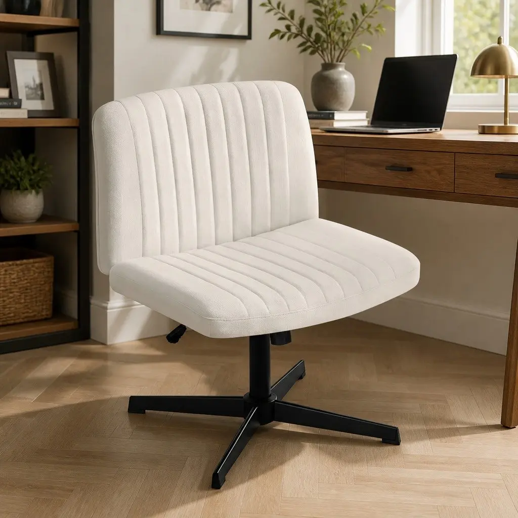 Criss Cross Office Chair Armless Swivel Desk Vanity Task Seat Beige Fabric