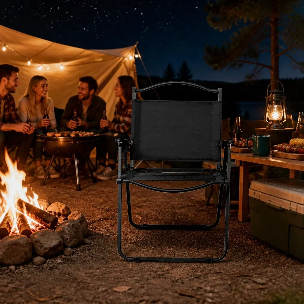 Folding Camping Chair Portable Outdoor Lightweight Relaxing Black 100kg