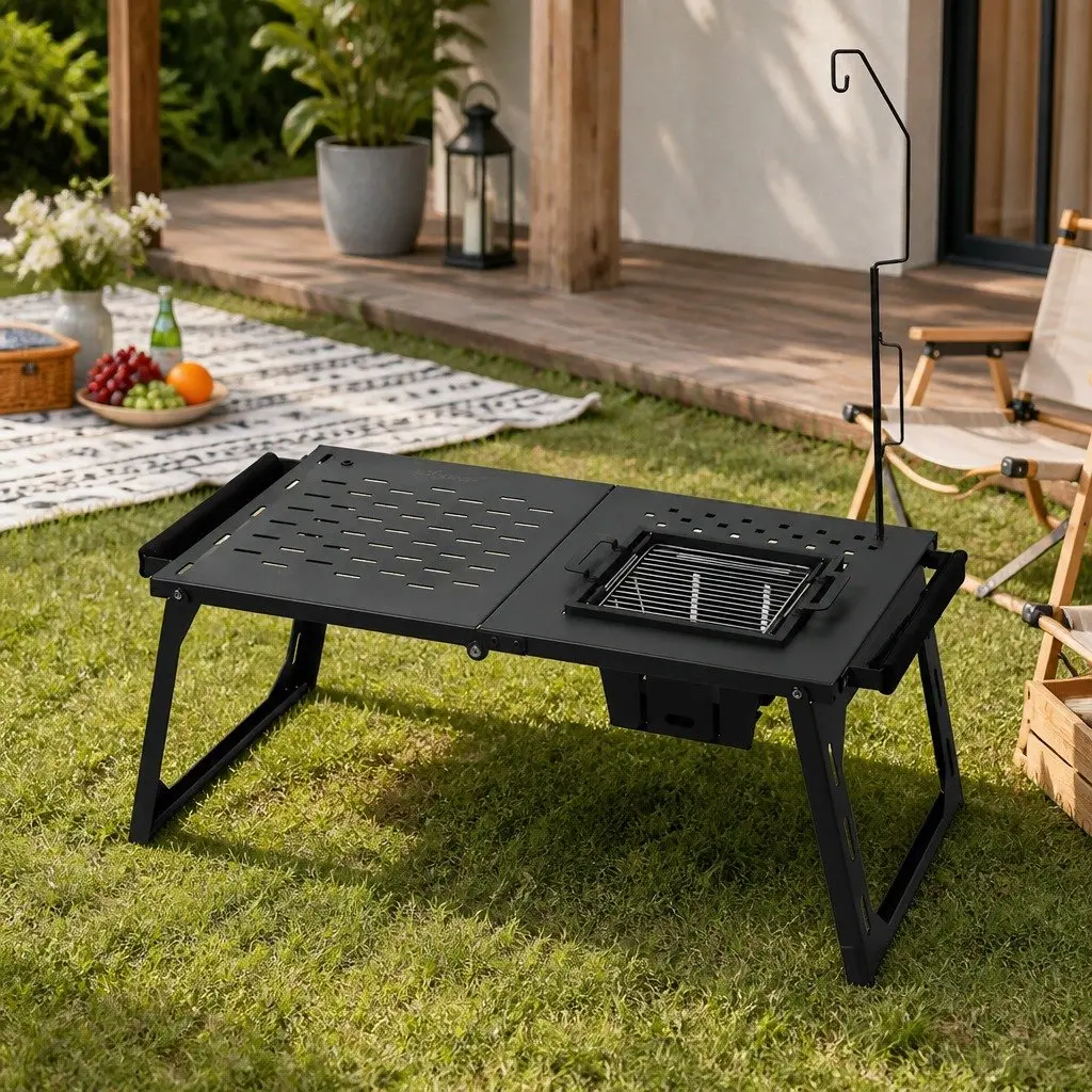 Portable Charcoal BBQ Grill Table Outdoor Cooking Station Foldable Black