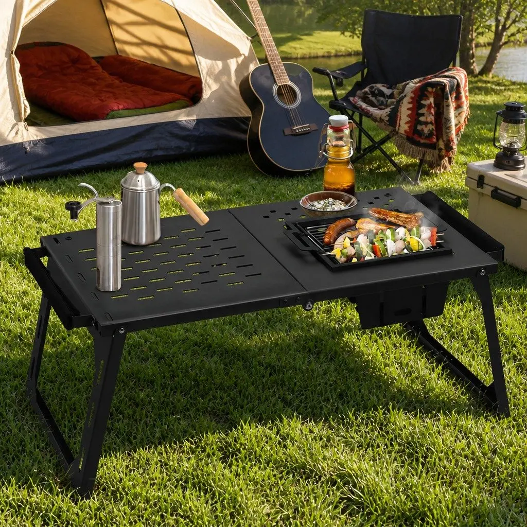 Portable Charcoal BBQ Grill Table Outdoor Cooking Station Foldable Black