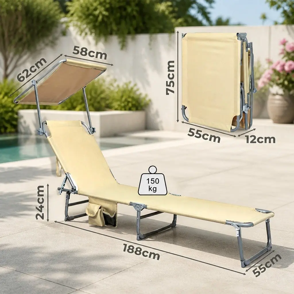 Foldable Lounge Chair with Removable Canopy Outdoor Patio Beach Poolside