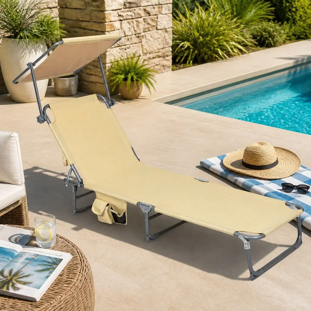 Foldable Lounge Chair with Removable Canopy Outdoor Patio Beach Poolside