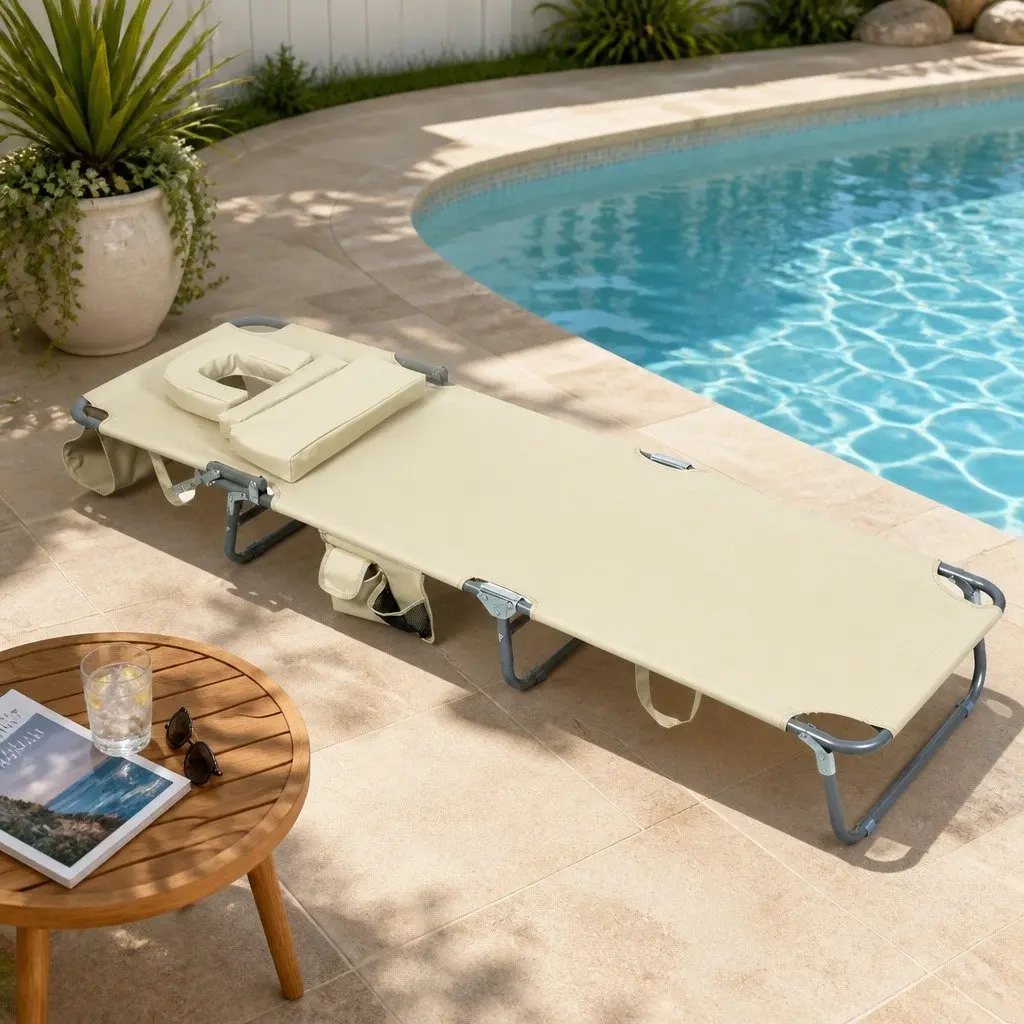 Foldable Beach Lounge Chair with Face Hole Sun Tanning Outdoor Patio Lounger