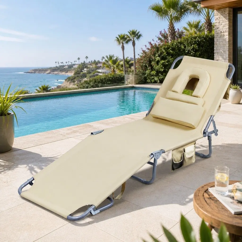 Foldable Beach Lounge Chair with Face Hole Sun Tanning Outdoor Patio Lounger