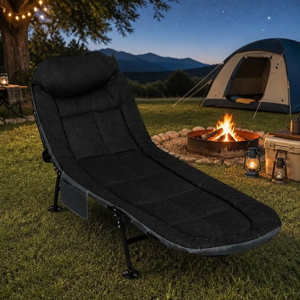 Folding Camping Cot Portable Outdoor Bed Black Adjustable Backrest Lightweight