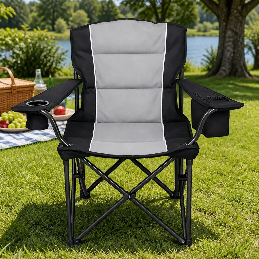 Folding Camping Chair Large Outdoor Portable Seat Black Grey