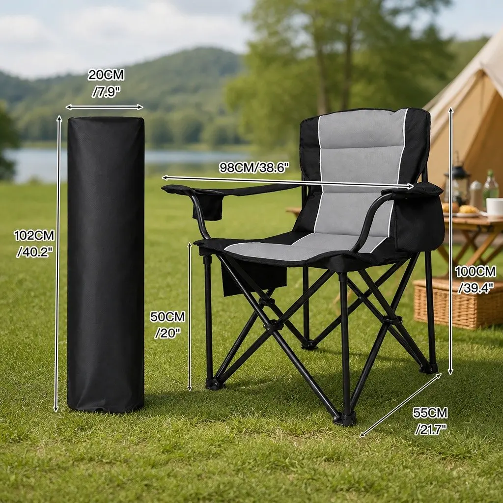 Folding Camping Chair Large Outdoor Portable Seat Black Grey