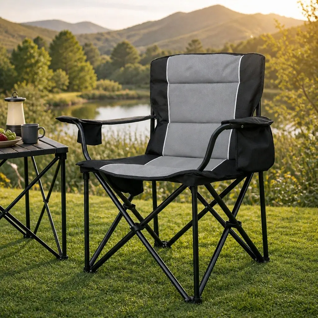 Folding Camping Chair Large Outdoor Portable Seat Black Grey