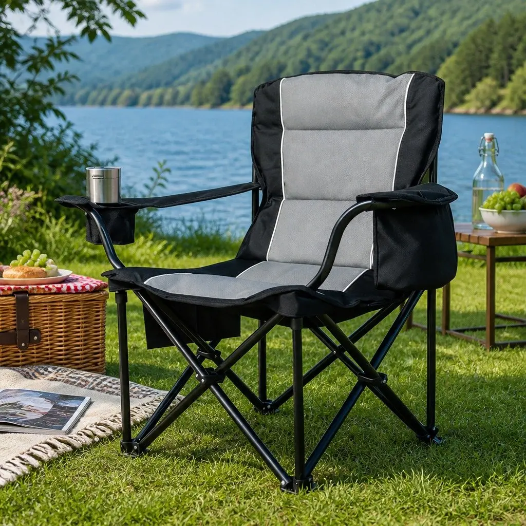 Folding Camping Chair Large Outdoor Portable Seat Black Grey