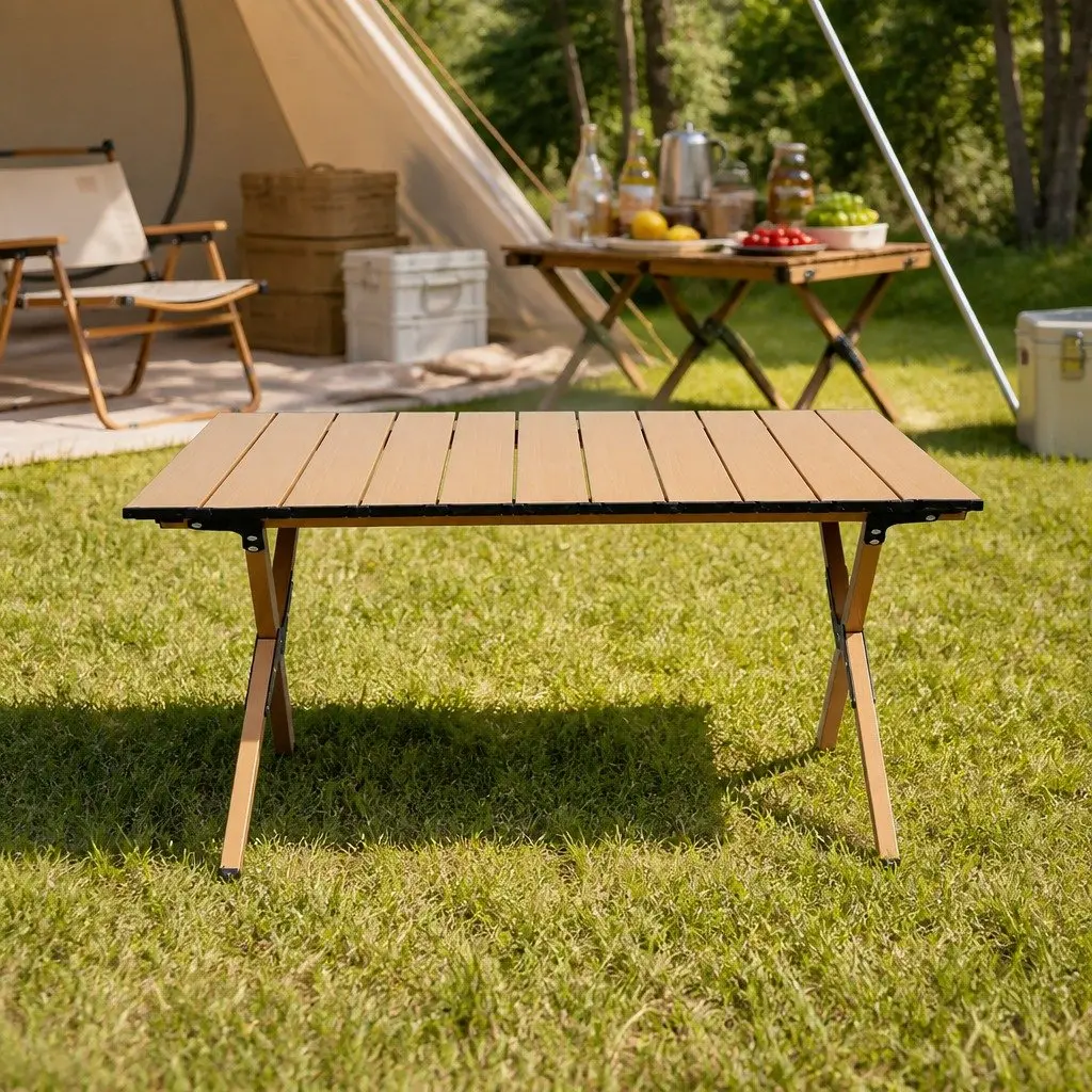 Folding Camping Table Portable Rollable Outdoor BBQ Prep Trestle Oak 88.5cm W x 58cm D x 41.5cm H