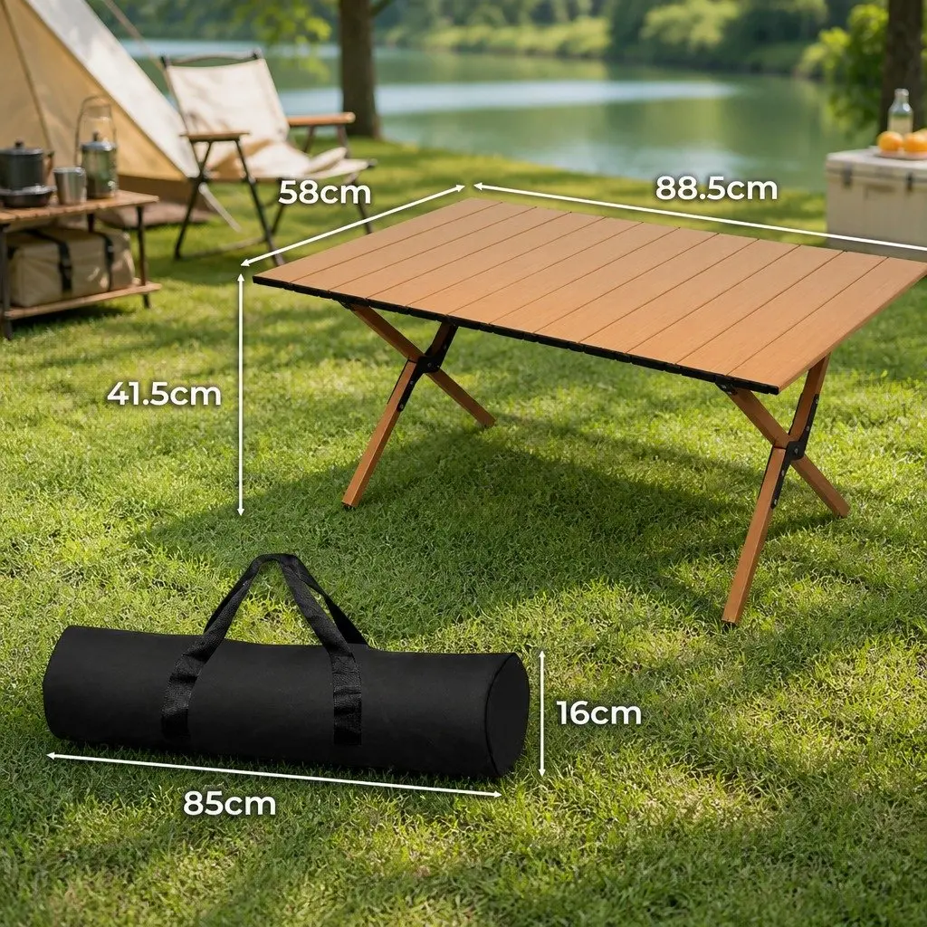 Folding Camping Table Portable Rollable Outdoor BBQ Prep Trestle Oak 88.5cm W x 58cm D x 41.5cm H