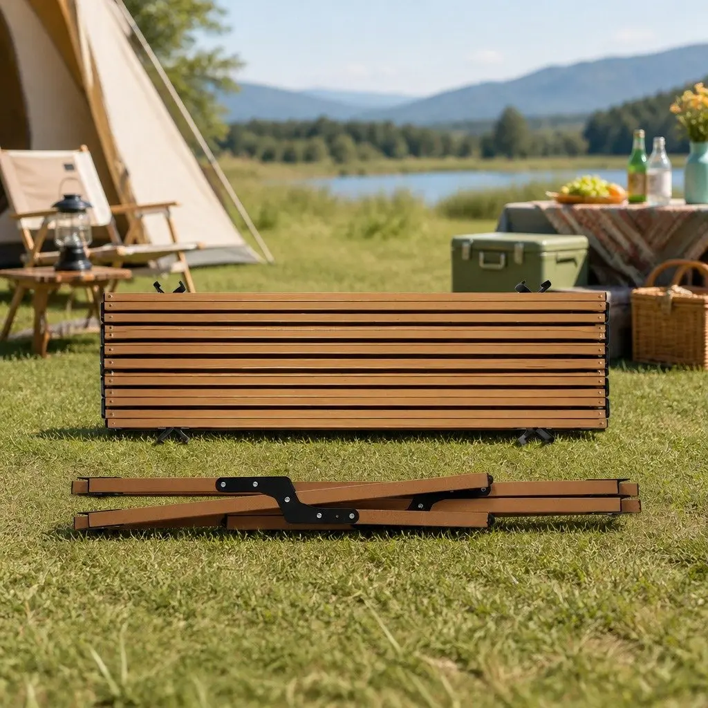 Folding Camping Table Portable Rollable Outdoor BBQ Prep Trestle Oak 88.5cm W x 58cm D x 41.5cm H