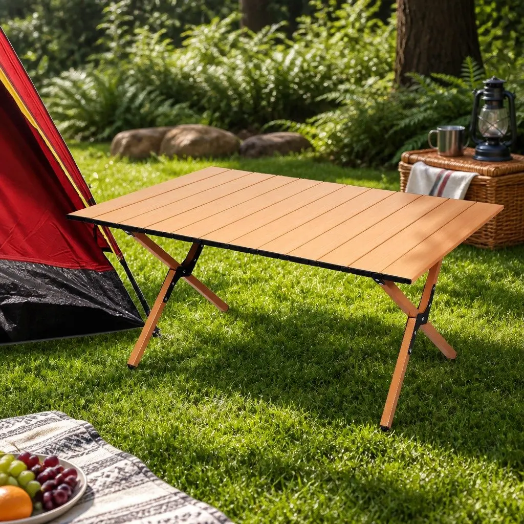 Folding Camping Table Portable Rollable Outdoor BBQ Prep Trestle Oak 88.5cm W x 58cm D x 41.5cm H