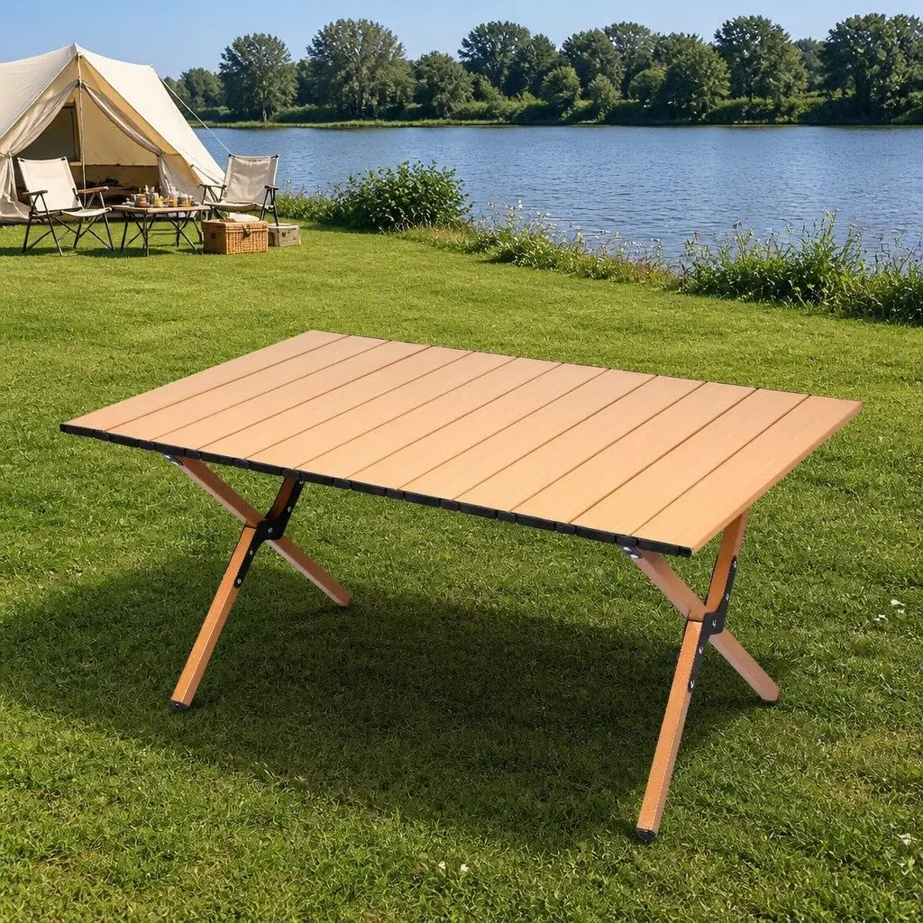 Folding Camping Table Portable Rollable Outdoor BBQ Prep Trestle Oak 88.5cm W x 58cm D x 41.5cm H