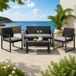 Comfortable 4-Piece Rattan Sofa Set with Cushions