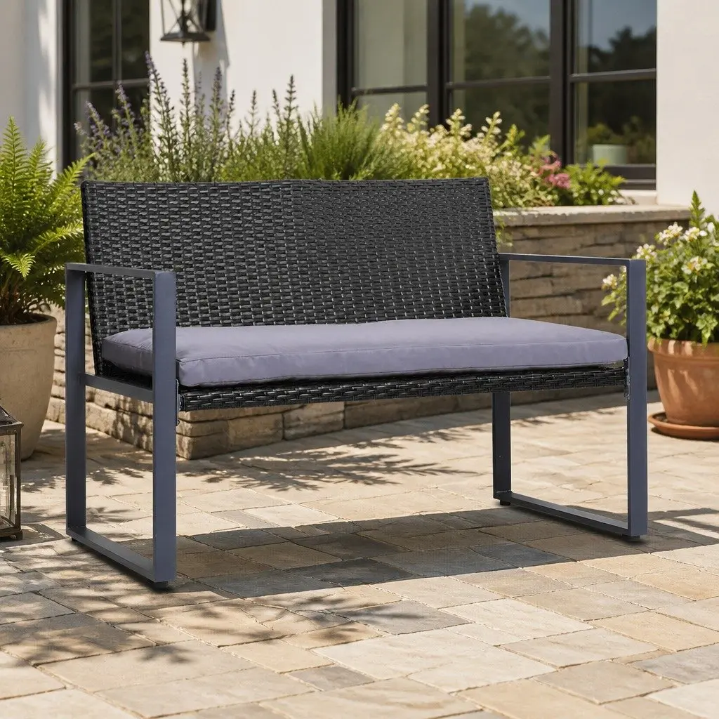 4 Piece Outdoor Rattan Sofa Set with Storage Cover Armchairs Table Black