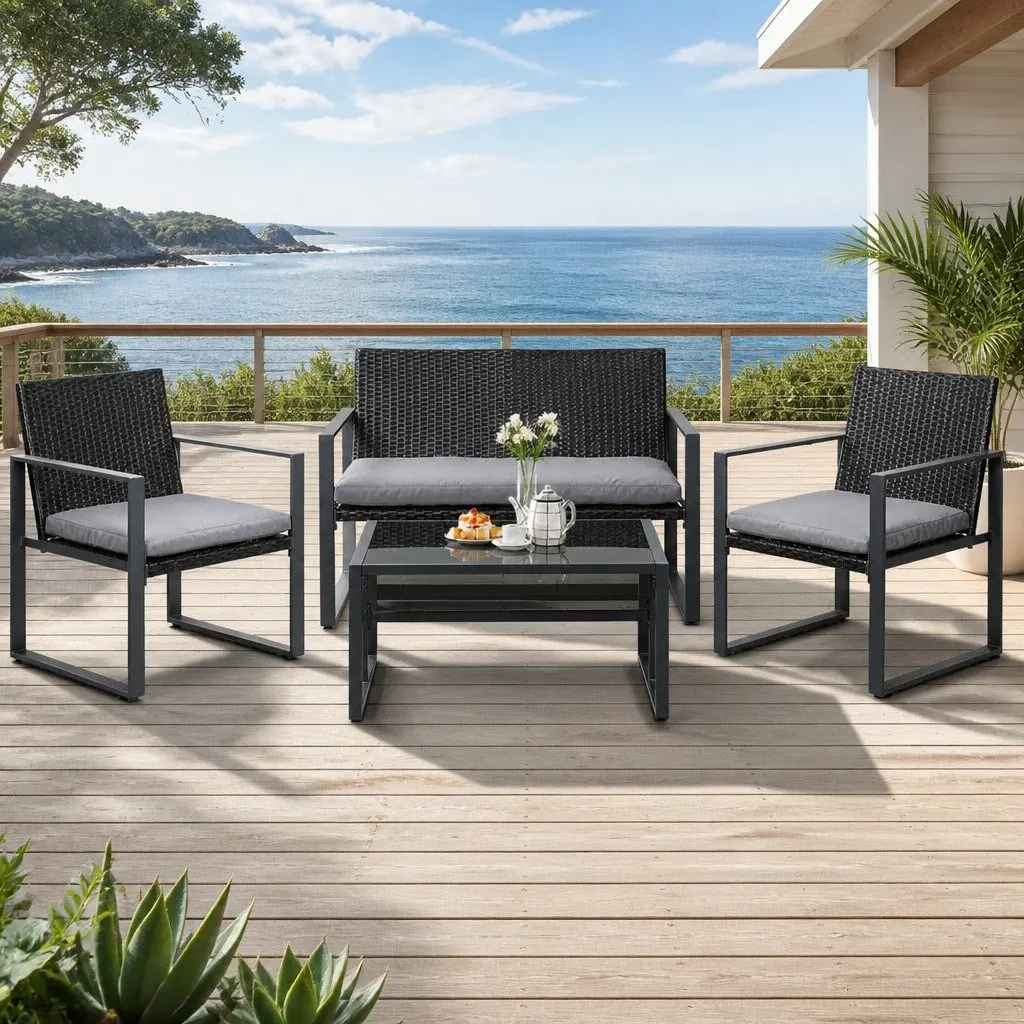 Outdoor Rattan Sofa Set 4 Piece Cushioned Chairs Glass Table Black for Patio Balcony Garden