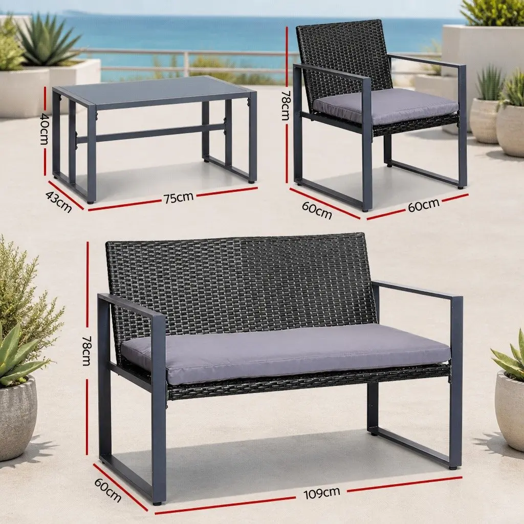 Outdoor Rattan Sofa Set 4 Piece Cushioned Chairs Glass Table Black for Patio Balcony Garden