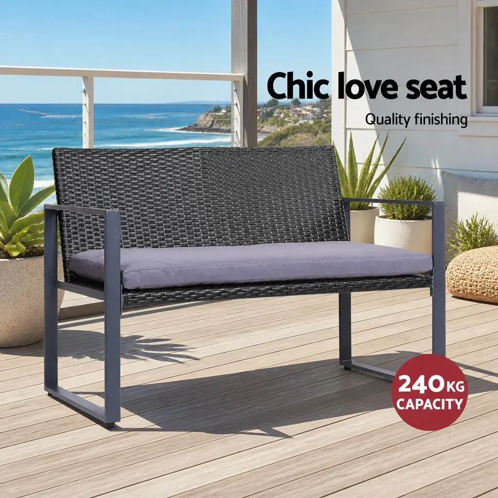 Outdoor Rattan Sofa Set 4 Piece Cushioned Chairs Glass Table Black for Patio Balcony Garden