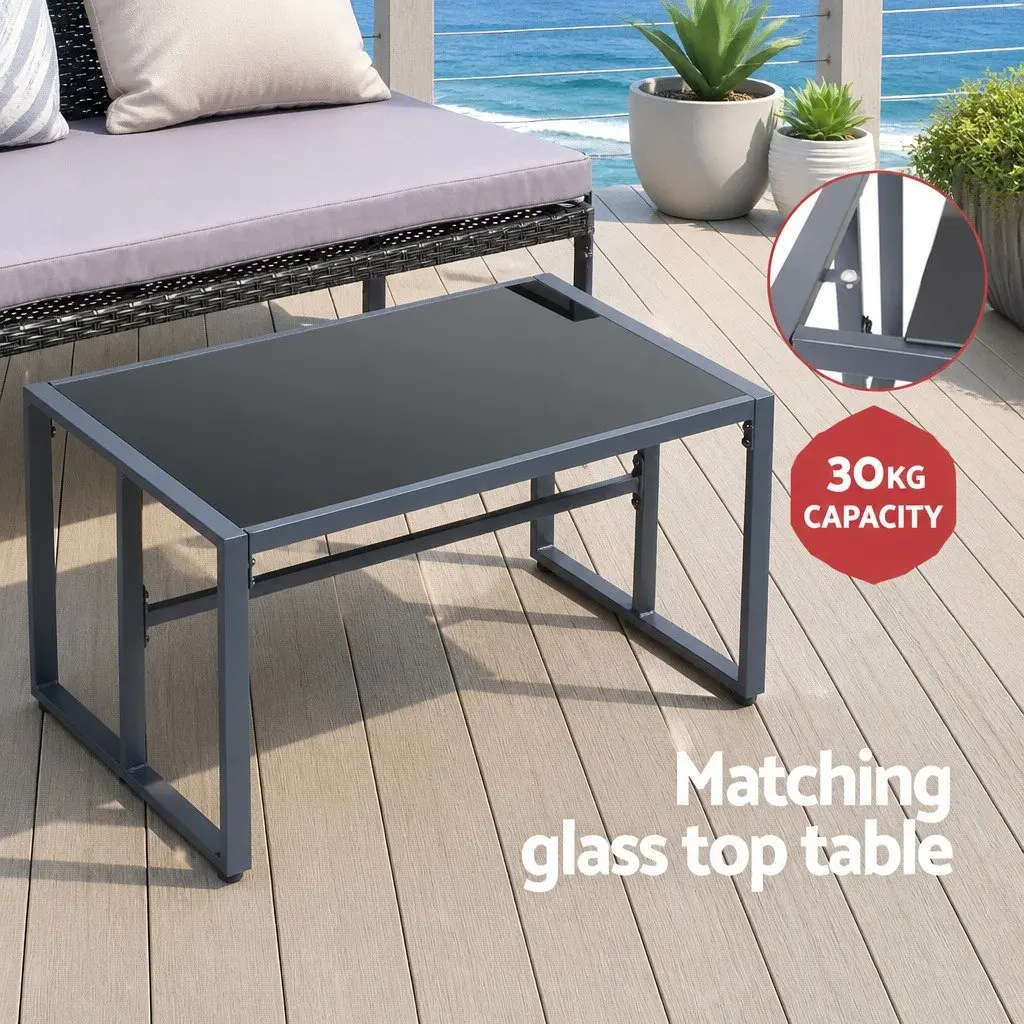Outdoor Rattan Sofa Set 4 Piece Cushioned Chairs Glass Table Black for Patio Balcony Garden