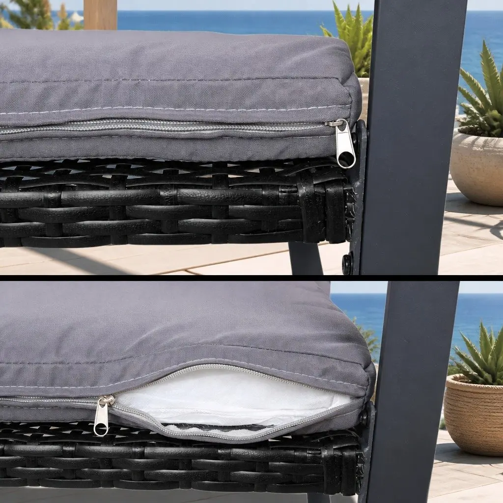 Outdoor Rattan Sofa Set 4 Piece Cushioned Chairs Glass Table Black for Patio Balcony Garden