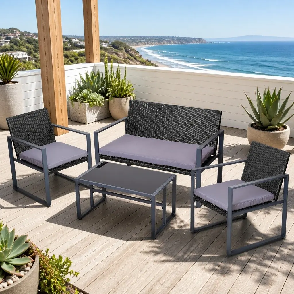 Outdoor Rattan Sofa Set 4 Piece Cushioned Chairs Glass Table Black for Patio Balcony Garden
