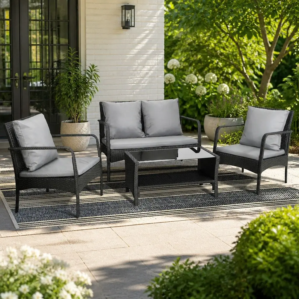 Outdoor Sofa Set 4-Piece Lounge Garden Patio Furniture Black Wicker Dark Grey Cushions