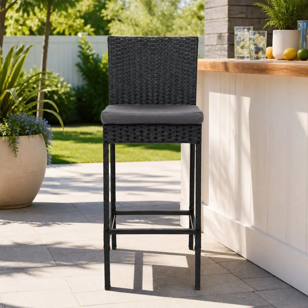 Outdoor Bar Stools 2-Piece Set Hand-Woven Rattan Dining Chair Black Grey