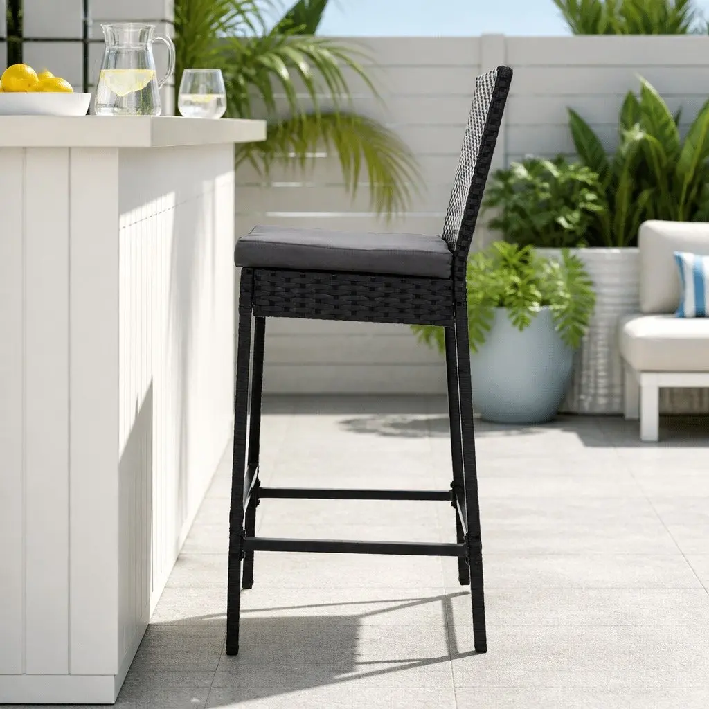 Outdoor Bar Stools 2-Piece Set Hand-Woven Rattan Dining Chair Black Grey