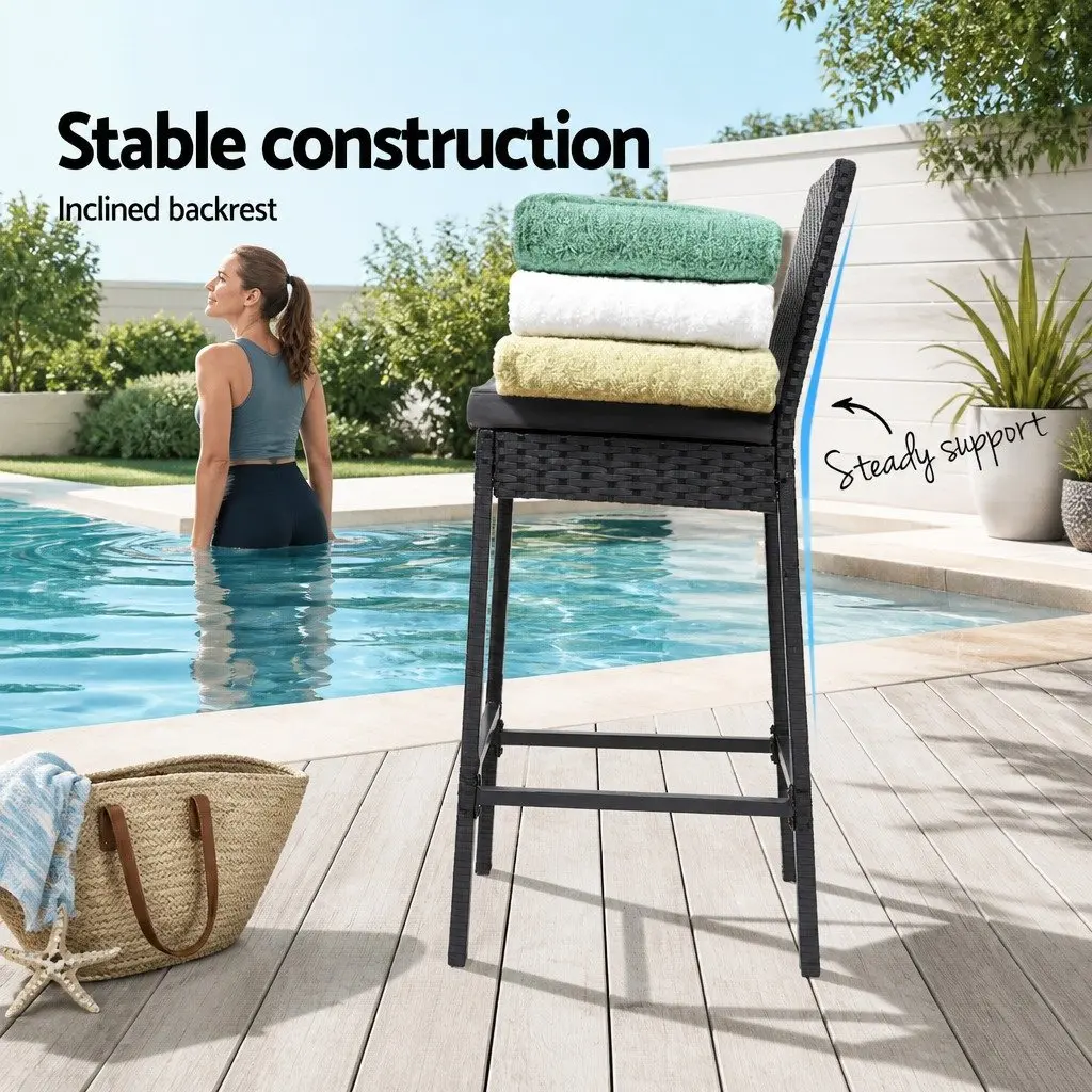 Outdoor Bar Stools 2-Piece Set Hand-Woven Rattan Dining Chair Black Grey