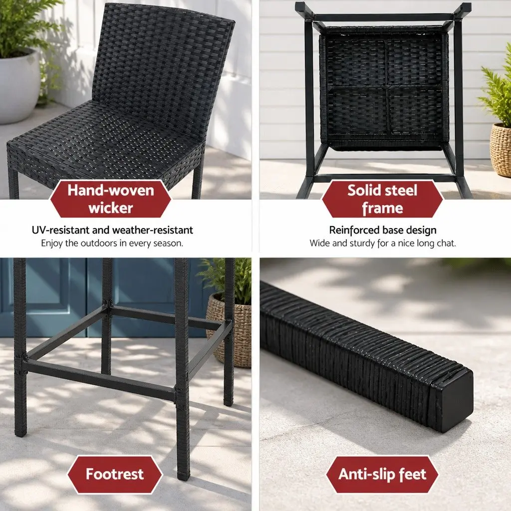 Outdoor Bar Stools 2-Piece Set Hand-Woven Rattan Dining Chair Black Grey