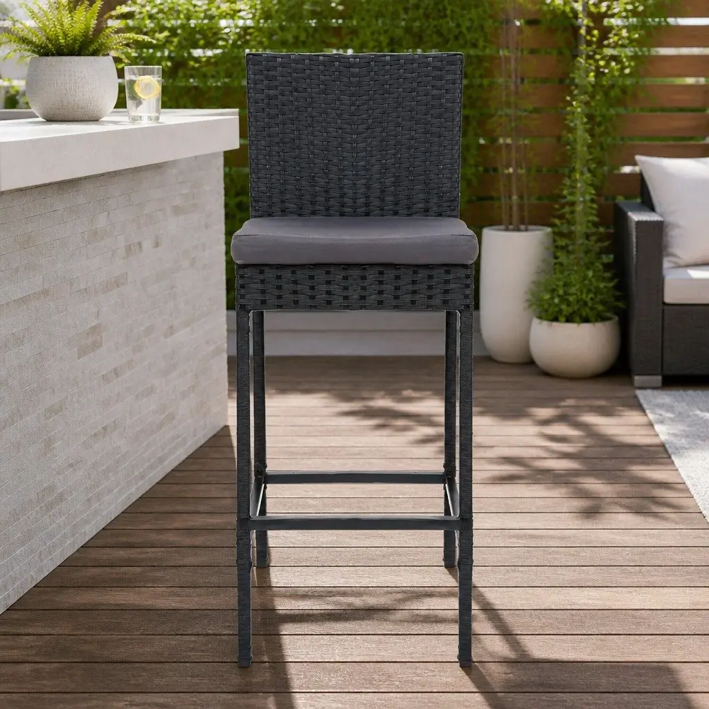 Outdoor Bar Stools Set 4 Piece Hand-Woven Rattan Dining Chair Black Grey