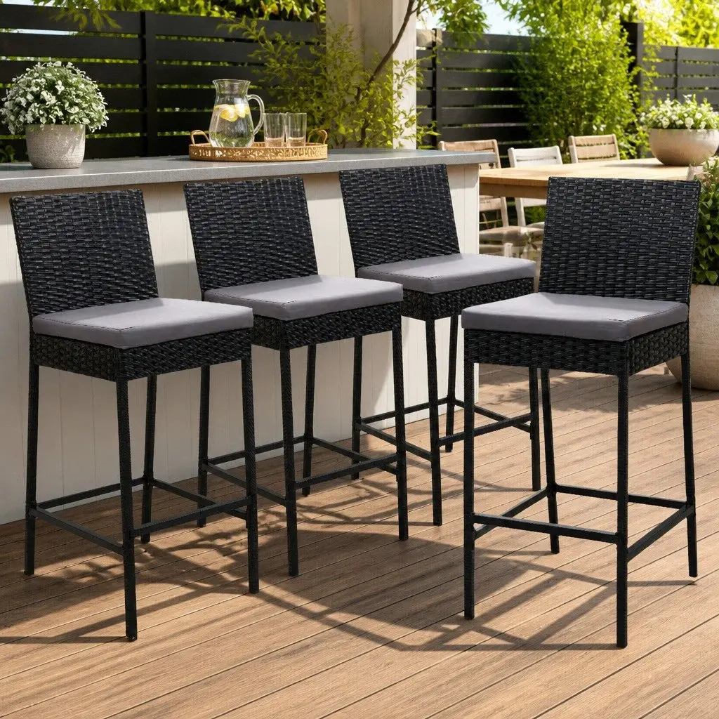 Outdoor Bar Stools Set 4 Piece Hand-Woven Rattan Dining Chair Black Grey