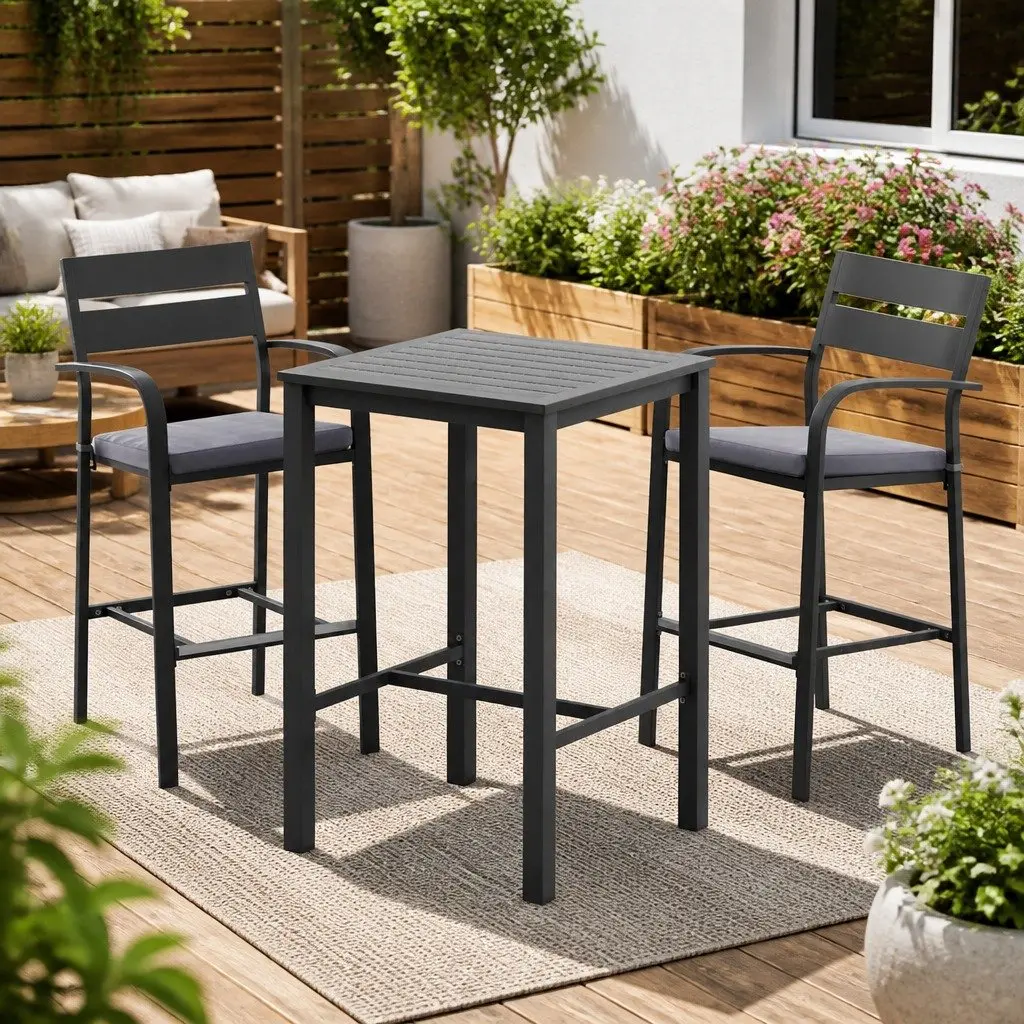 Outdoor Dining Set Bar Stools High Table 3 Piece Black Grey