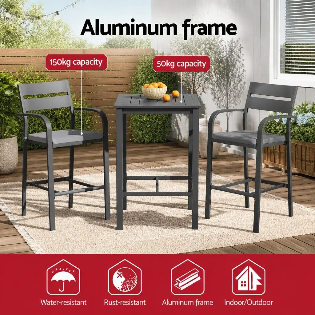 Outdoor Dining Set Bar Stools High Table 3 Piece Black Grey