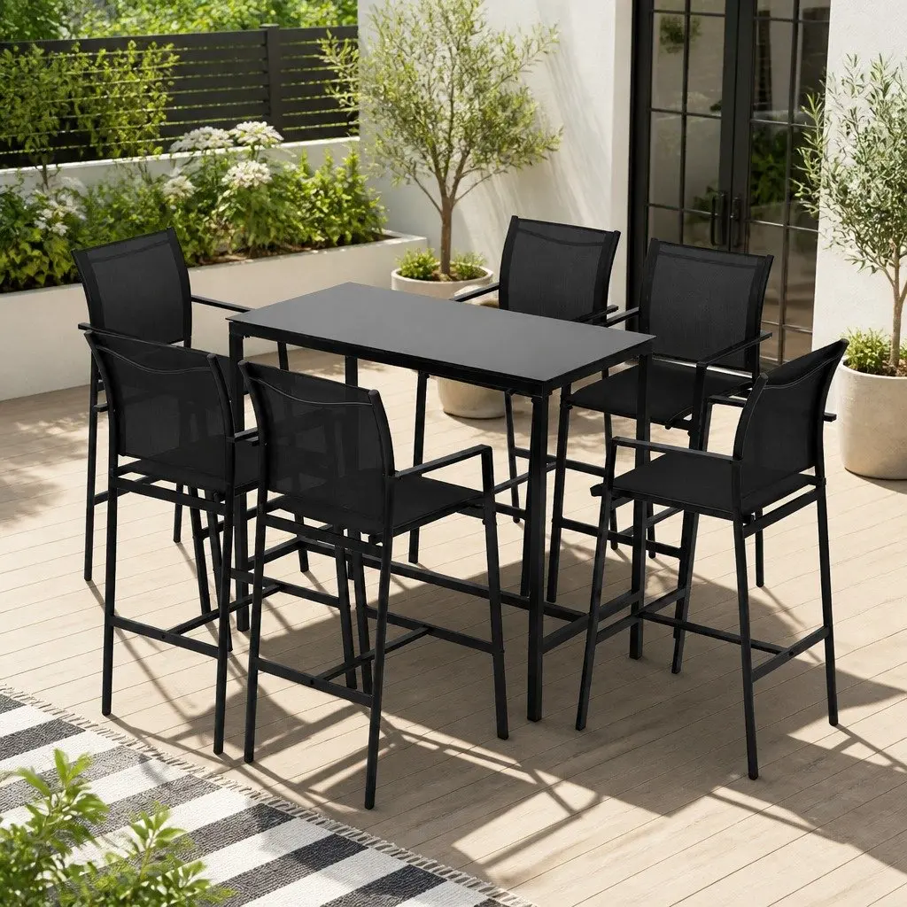 7-Piece Outdoor Bar Stools Dining Set with Table Patio Bistro Black Steel Glass