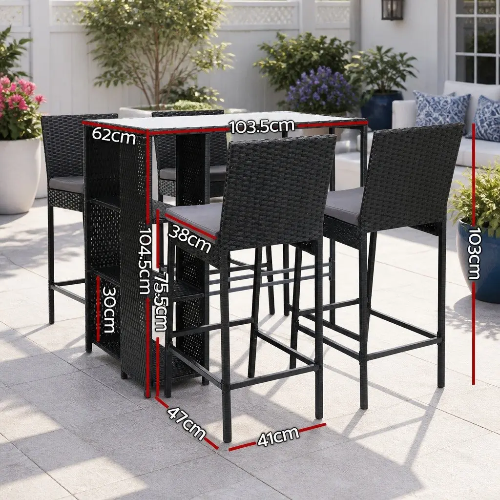 5-Piece Outdoor Bar Set Patio Dining Table Stools Black Wicker Glass Top