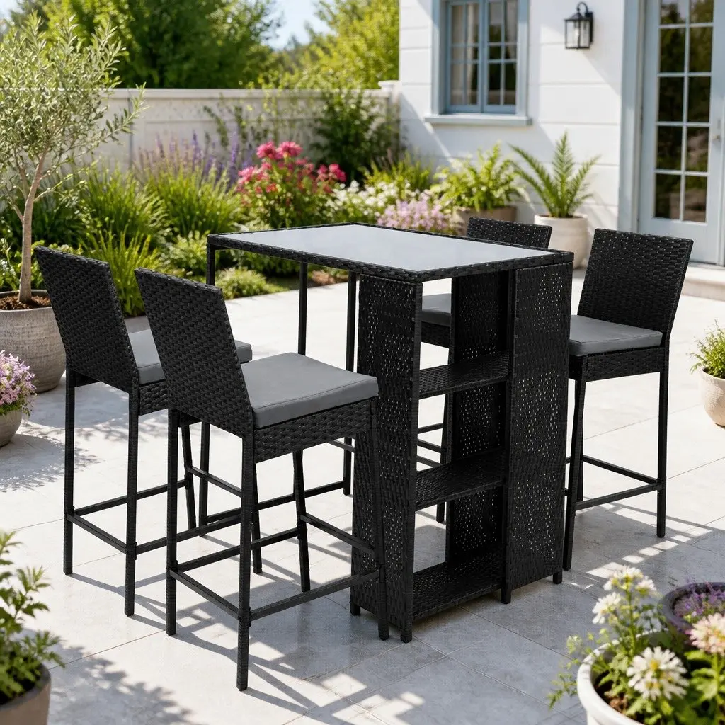 5-Piece Outdoor Bar Set Patio Dining Table Stools Black Wicker Glass Top