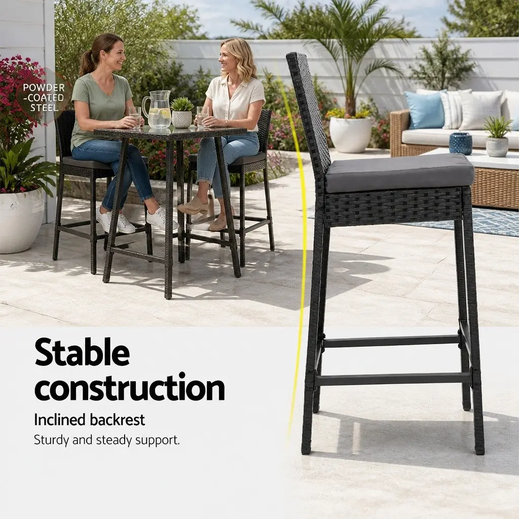 5-Piece Outdoor Bar Set Patio Dining Table Stools Black Wicker Glass Top