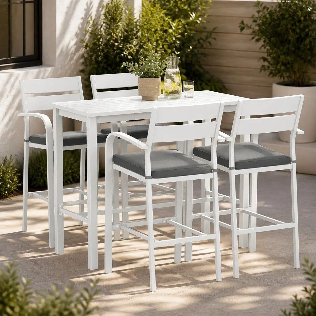 Bar Stools & Table Set Outdoor Patio Dining Chairs Aluminium White 5 Piece