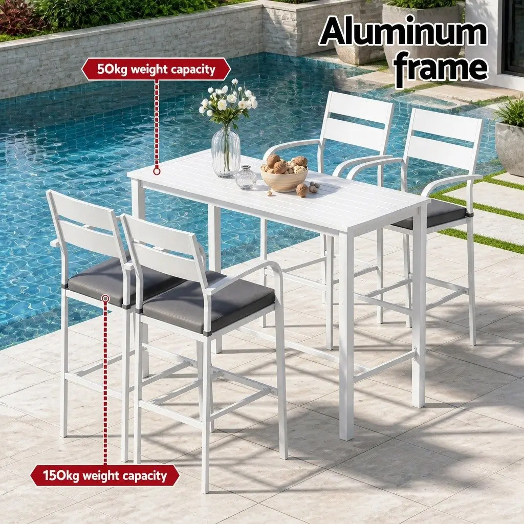 Bar Stools & Table Set Outdoor Patio Dining Chairs Aluminium White 5 Piece