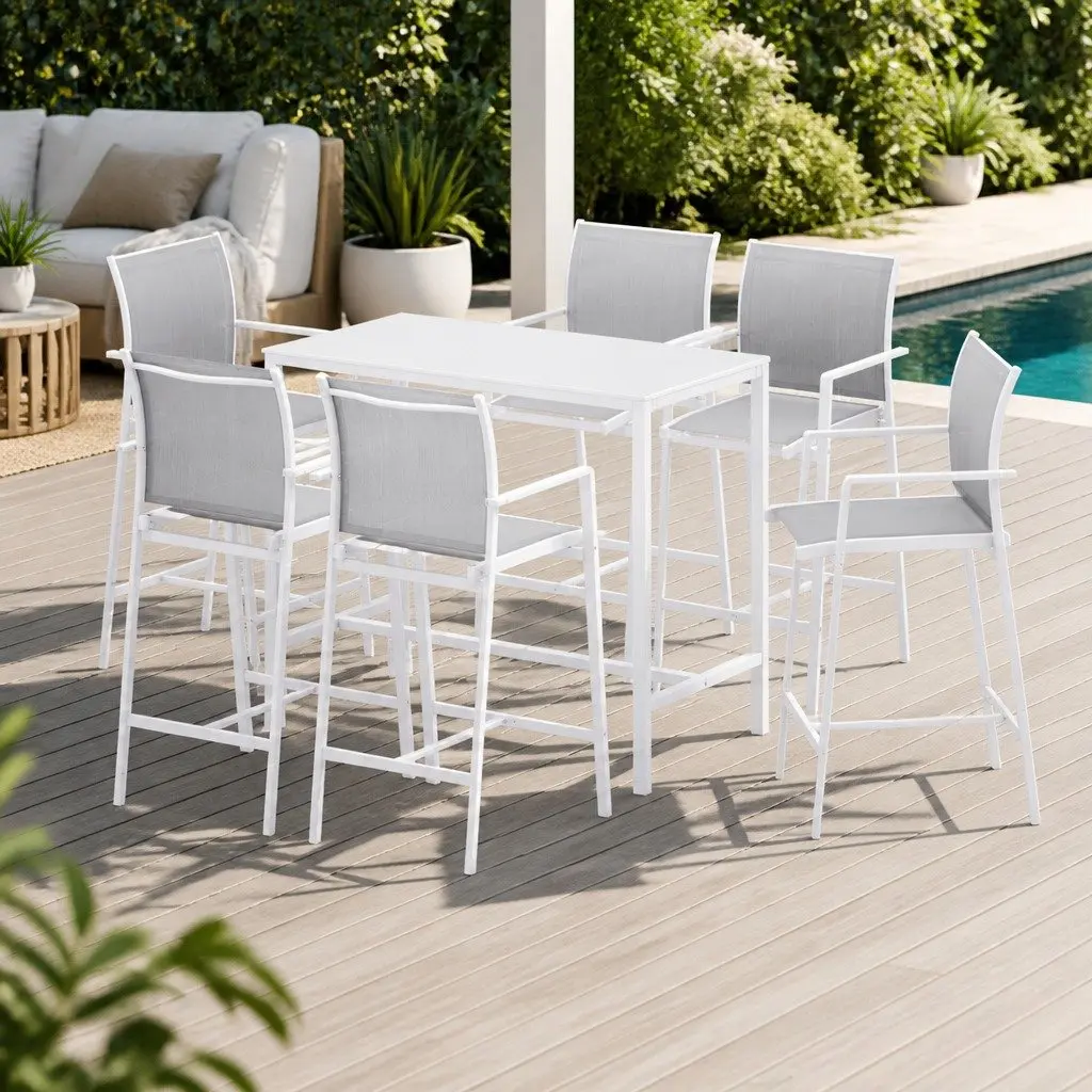 Outdoor Bar Stools Dining Set 7PC Steel Patio Furniture White Bistro Table