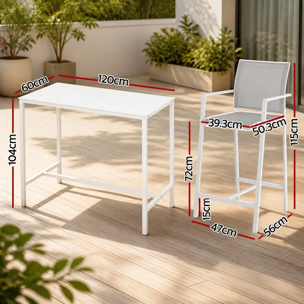 Outdoor Bar Stools Dining Set 7 Piece Steel High Back Stools White Table