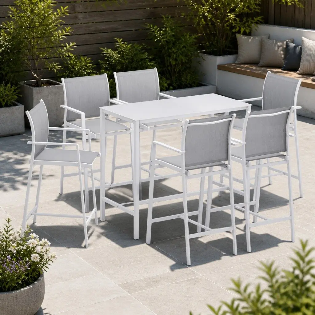 Outdoor Bar Stools Dining Set 7 Piece Steel High Back Stools White Table