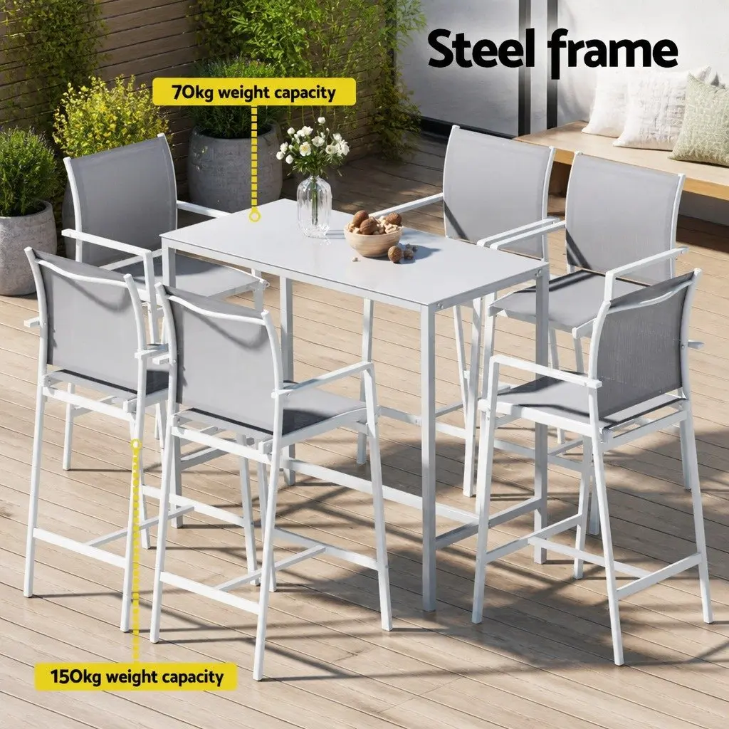 Outdoor Bar Stools Dining Set 7 Piece Steel High Back Stools White Table