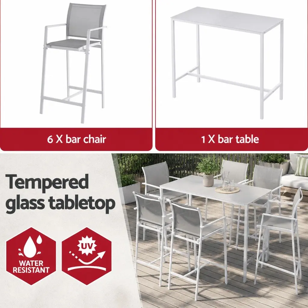 Outdoor Bar Stools Dining Set 7 Piece Steel High Back Stools White Table