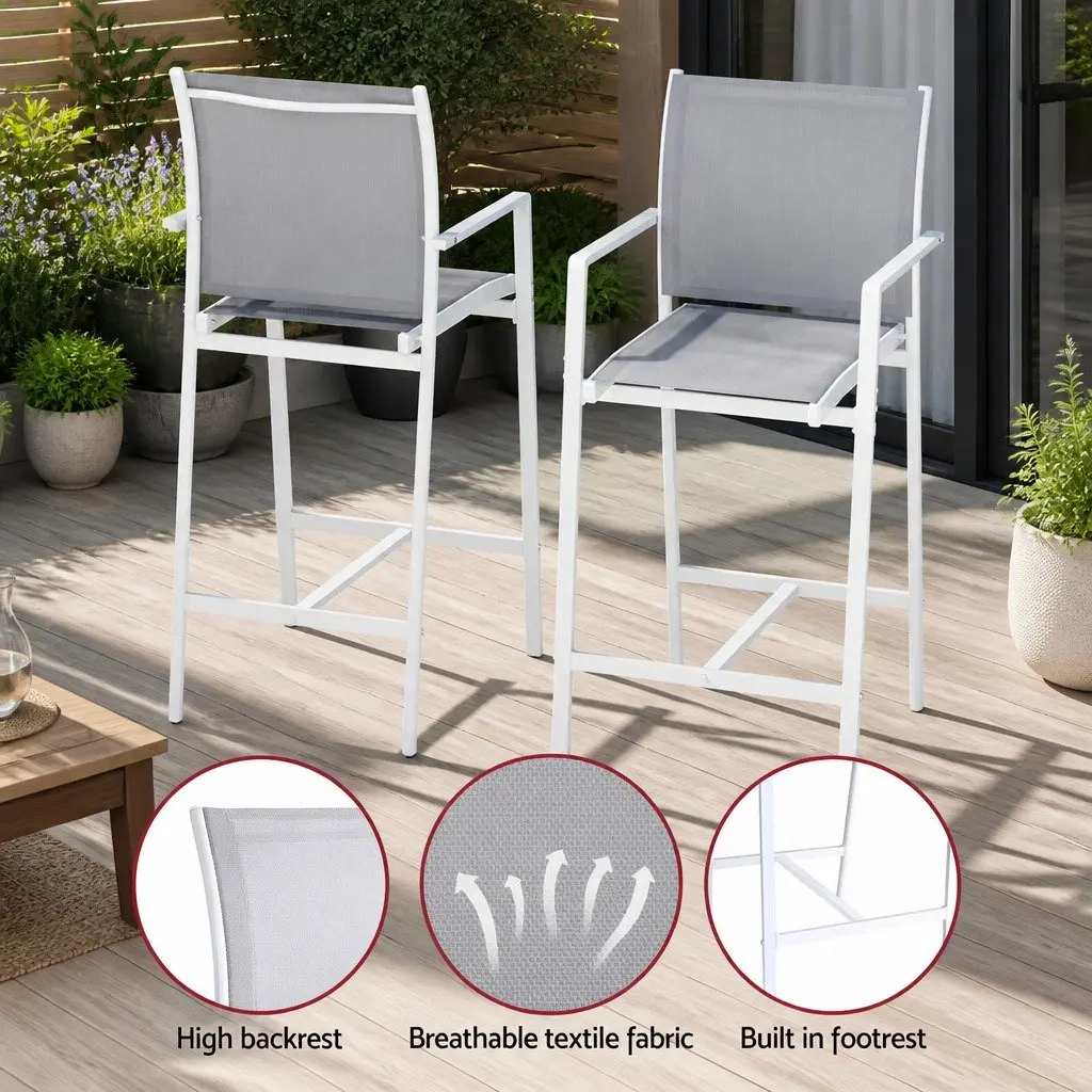 Outdoor Bar Stools Dining Set 7 Piece Steel High Back Stools White Table