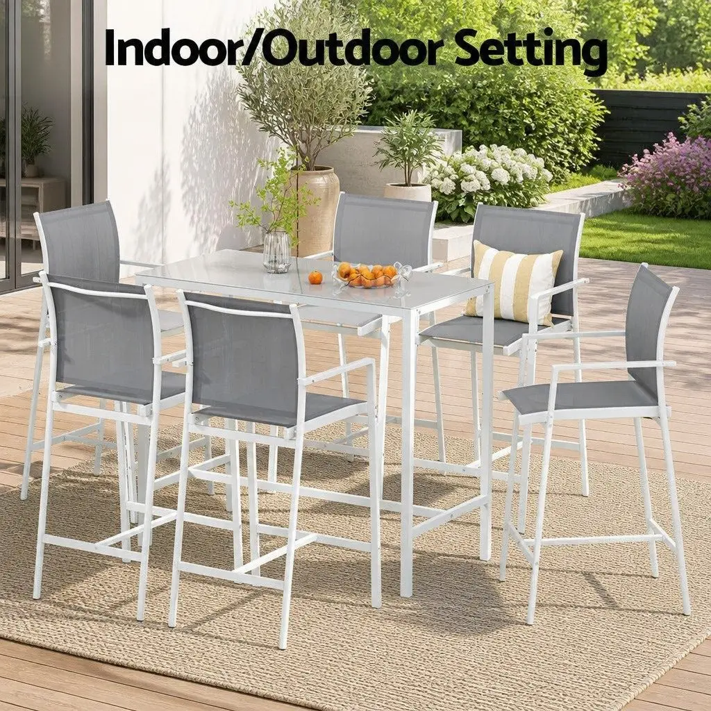 Outdoor Bar Stools Dining Set 7 Piece Steel High Back Stools White Table