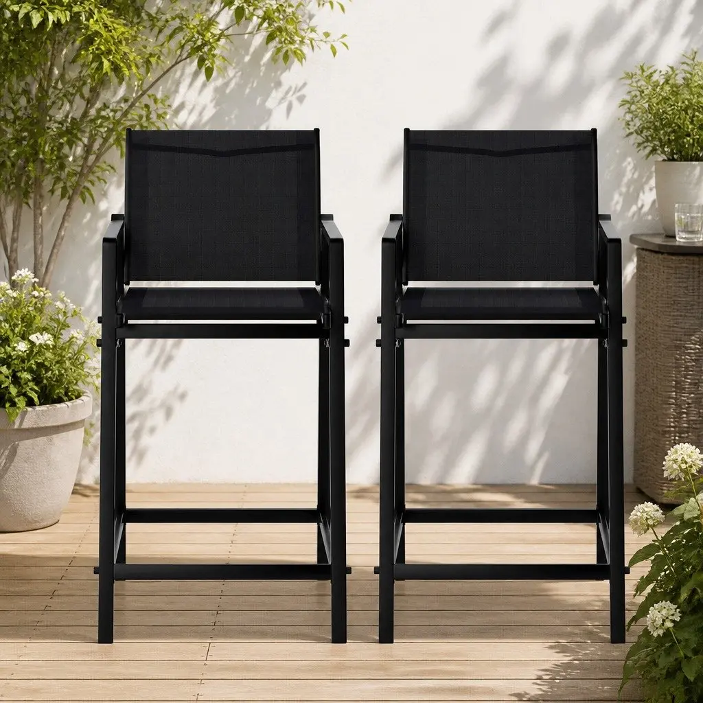 Outdoor Bar Stools Patio Dining Chairs Black Steel Frame 2 Piece Set